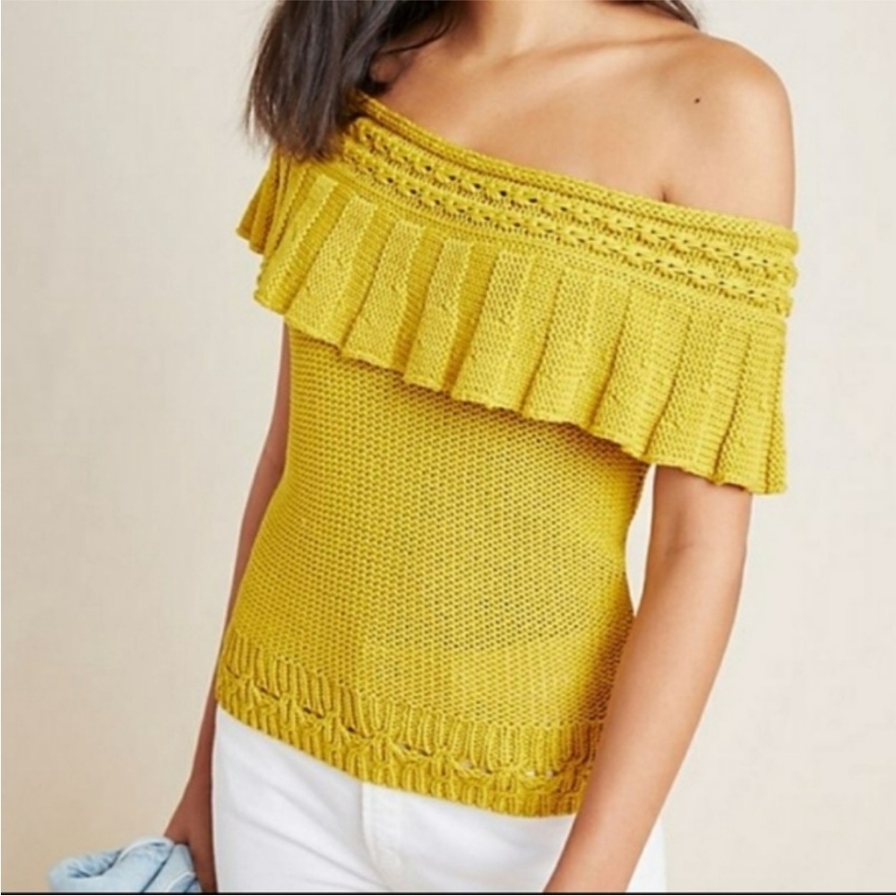 Anthropologie Off-Shoulder Ruffle Knit Crochet Sweater Top Gold Yellow Blouse XS